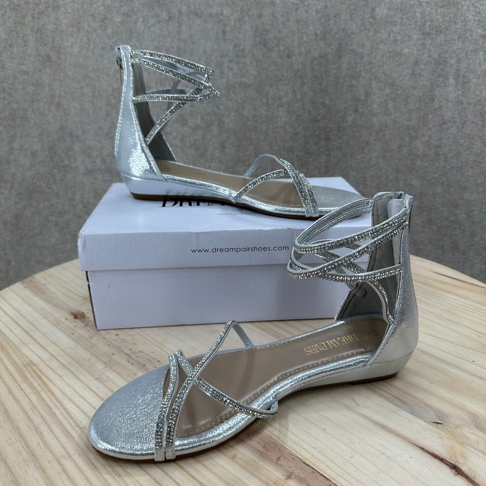 Dream Pairs Silver Rhinestone Strappy Flat Dress Sandals Back Zip Size‎ 8.5